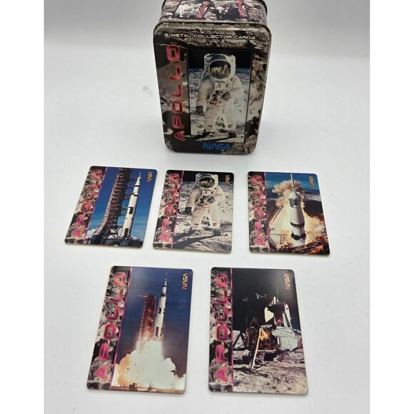 Apollo NASA 5 Metal Collector Cards In Tin Box Featuring Iconic Space Mission Im - Picture 2 of 5